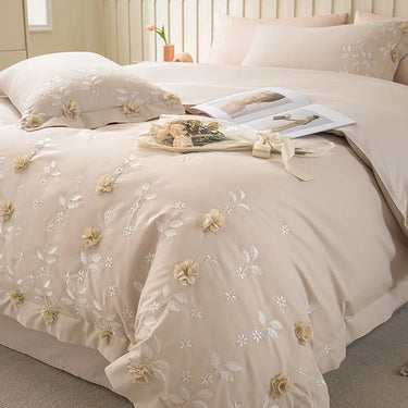 Pink Lace Flowers Embroidery Egyptian Cotton Princess Wedding Duvet Cover Bedding Set